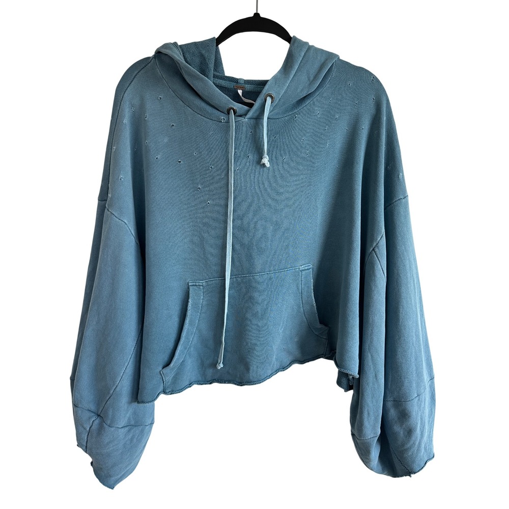 Free People Distressed Cropped Balloon Sleeve Hoodie Size Large Oversized